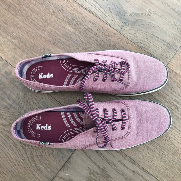 Keds Canvas Lace Up Denim Sneakers Prpl Pink w Teal Trim + Striped Laces Sz 9.5 - Picture 8 of 12